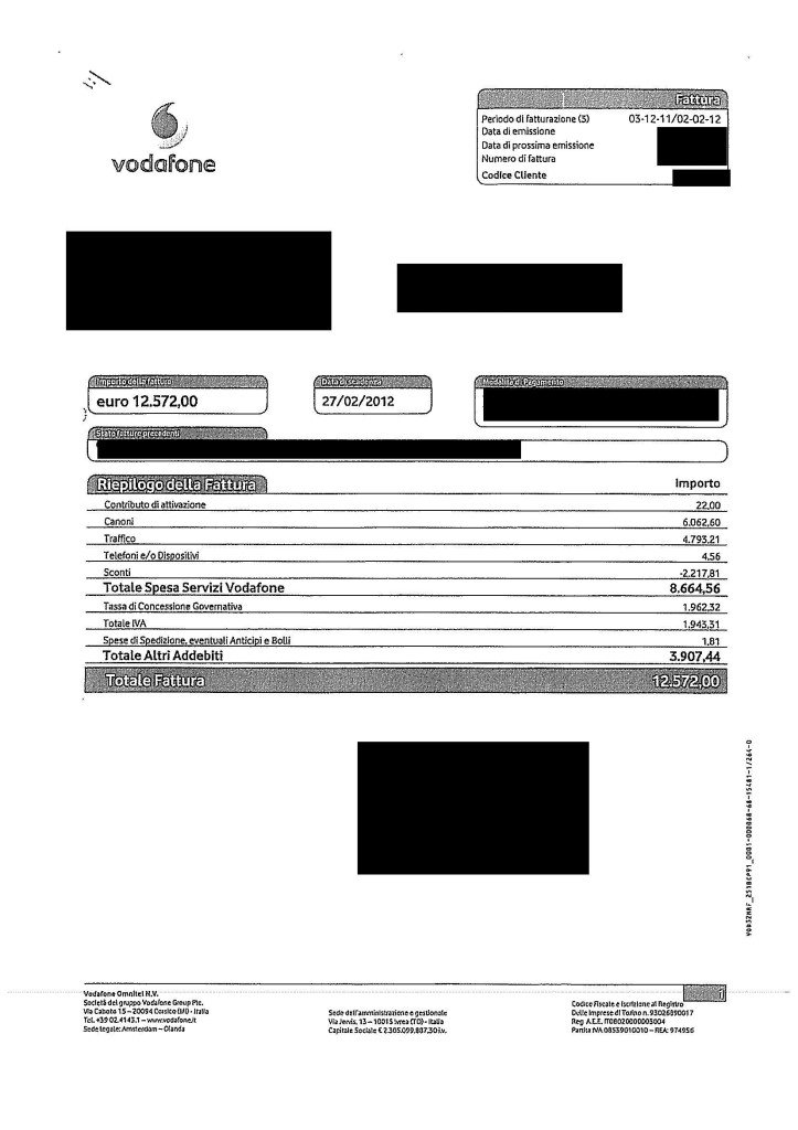 FATTURA VODAFONE SPESA TELEFONIA AZIENDALE MALEGORI