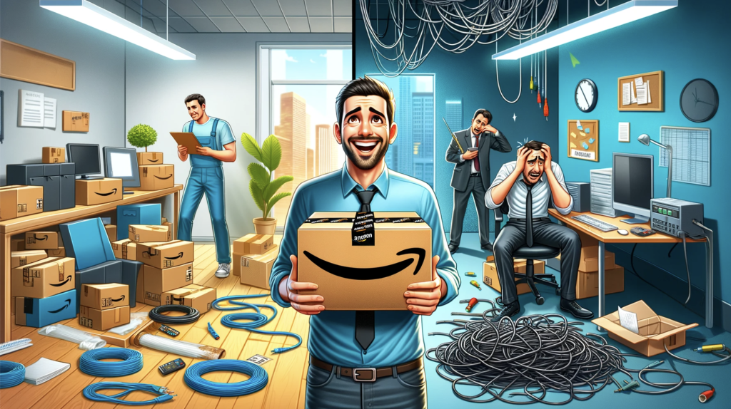 Immagine di un cliente felice del servizio Amazon e un cliente disperato del servizio clienti della compagnia telefonica