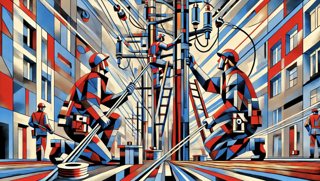 Immagine in stile cubista di due tecnici che installano cavi di fibra ottica, una delle alternative alla fibra, con uniformi rosse e blu in uno scenario geometrico e astratto.
