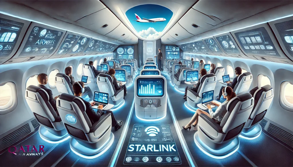 Interno di un Boeing 777 di Qatar Airways con passeggeri connessi a internet ad alta velocità grazie a Starlink