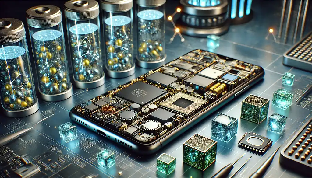 SMARTPHONE APERTO CHE LASCIA INTRAVEDERE LE TERRE RARE DI CUI E' COMPOSTO