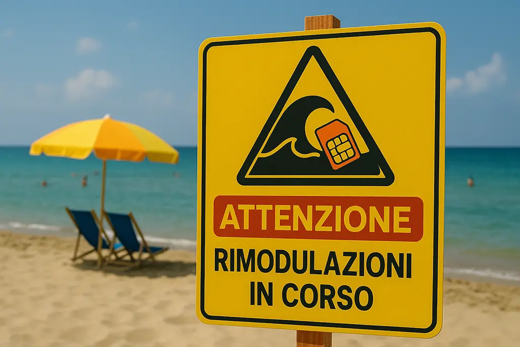 Cartello di avviso su una spiaggia con scritto “Attenzione: rimodulazioni in corso” – satira sugli aumenti estivi delle tariffe telefoniche 