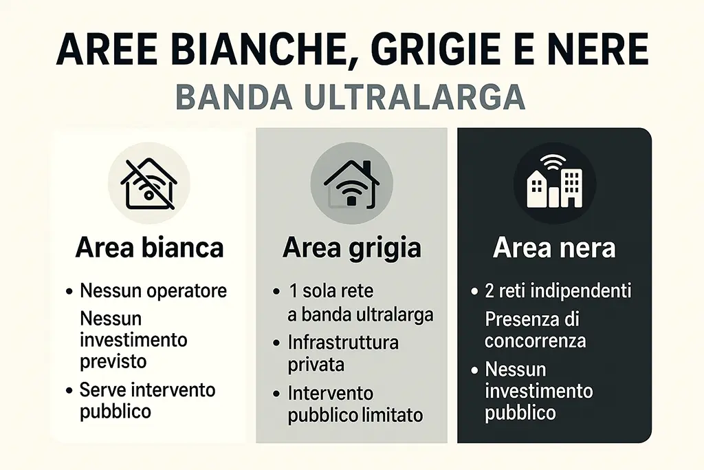 mappa comparativa delle aree bianche, grigie e nere per la banda ultralarga in Italia con descrizione delle caratteristiche di copertura e intervento pubblico