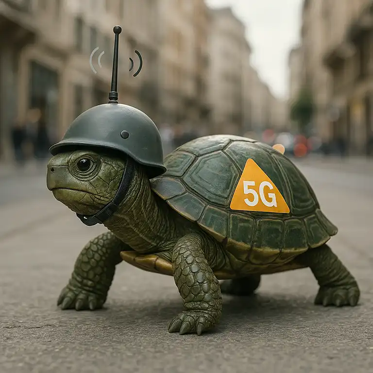Tartaruga con casco e antenna 5G in una città italiana – simbolo della connessione lenta in Italia