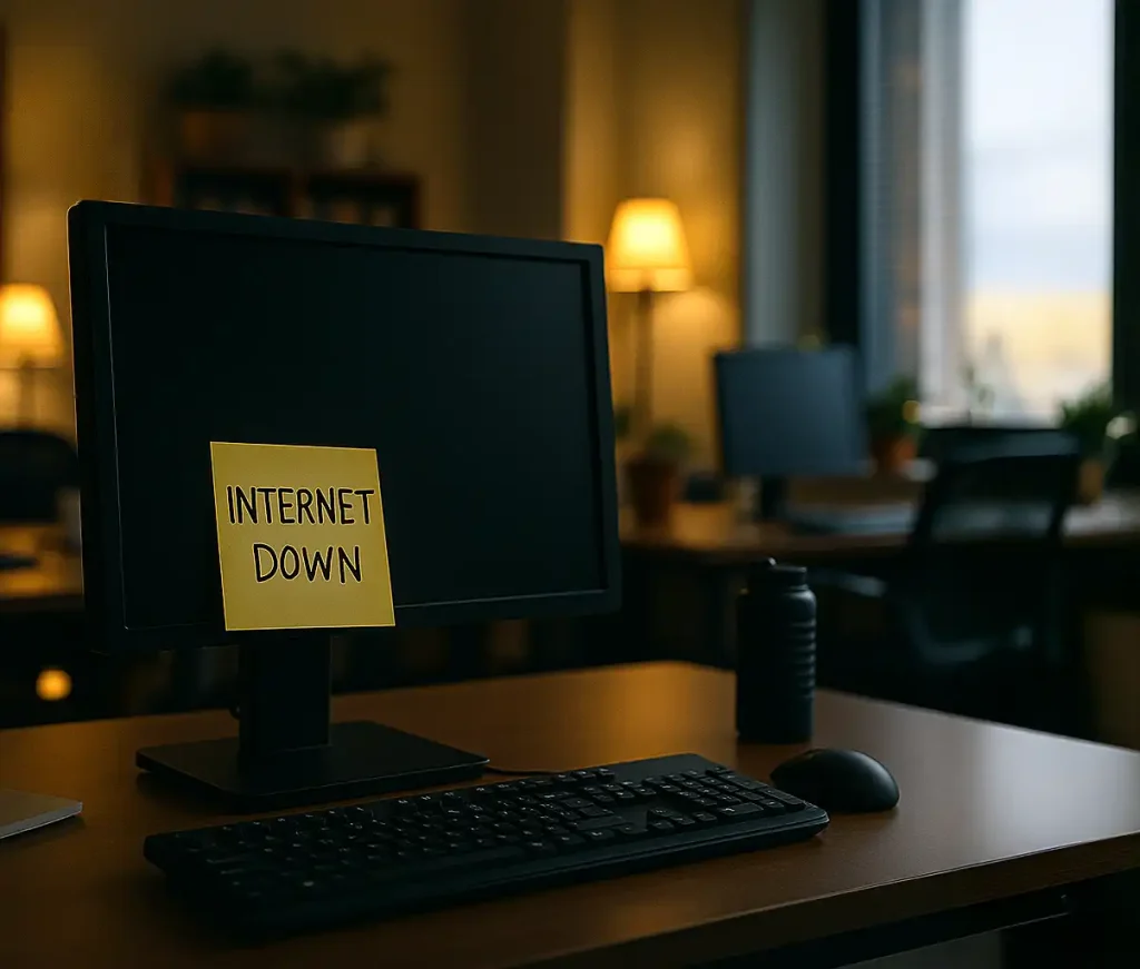Monitor spento con post-it Internet Down su scrivania d’ufficio, simbolo della mancanza di backup internet aziendale
