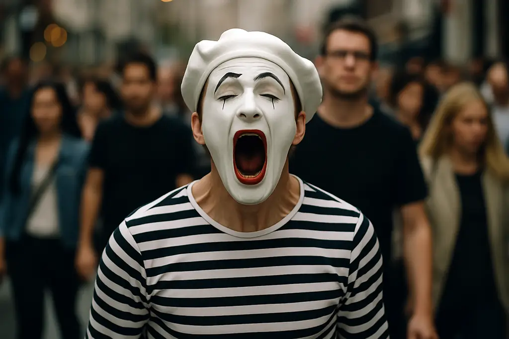 Mimo con bocca spalancata in un grido silenzioso, circondato da una folla anonima – metafora del filtro anti telemarketing disturbatore