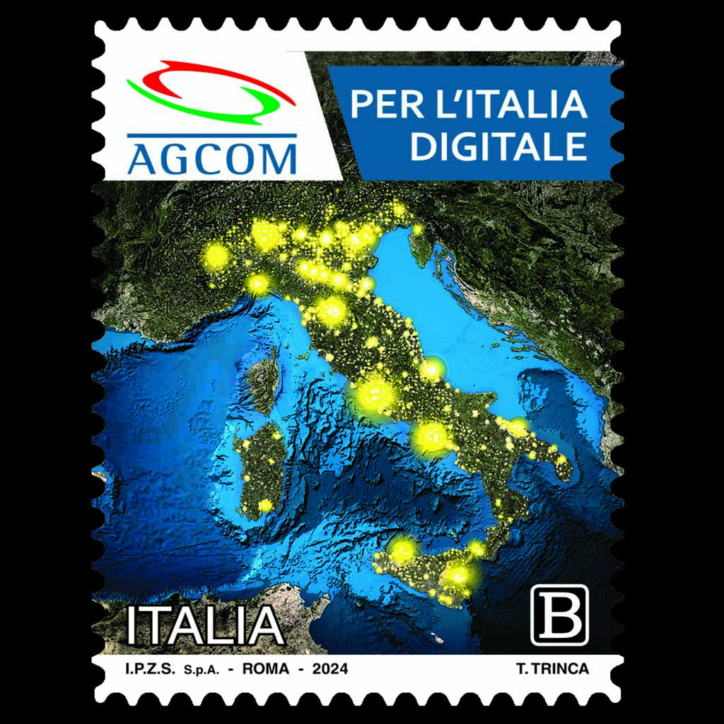 Francobollo che rappresenta l'Italia con la copertura della fibra ottica che puoi rilevare dalle mappe agcom