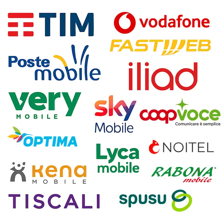 Insieme dei loghi dei principali operatori di telefonia mobile italiani nel 2025, inclusi TIM, Vodafone-Fastweb, Iliad, Poste Mobile e MVNO come CoopVoce e Kena.