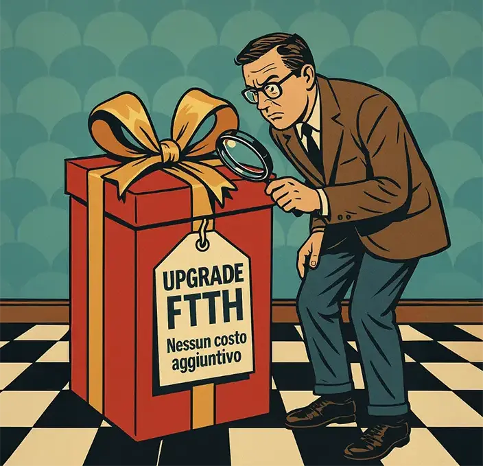 Uomo diffidente osserva un pacco regalo etichettato ‘Upgrade FTTH’, immagine in stile pop art vintage