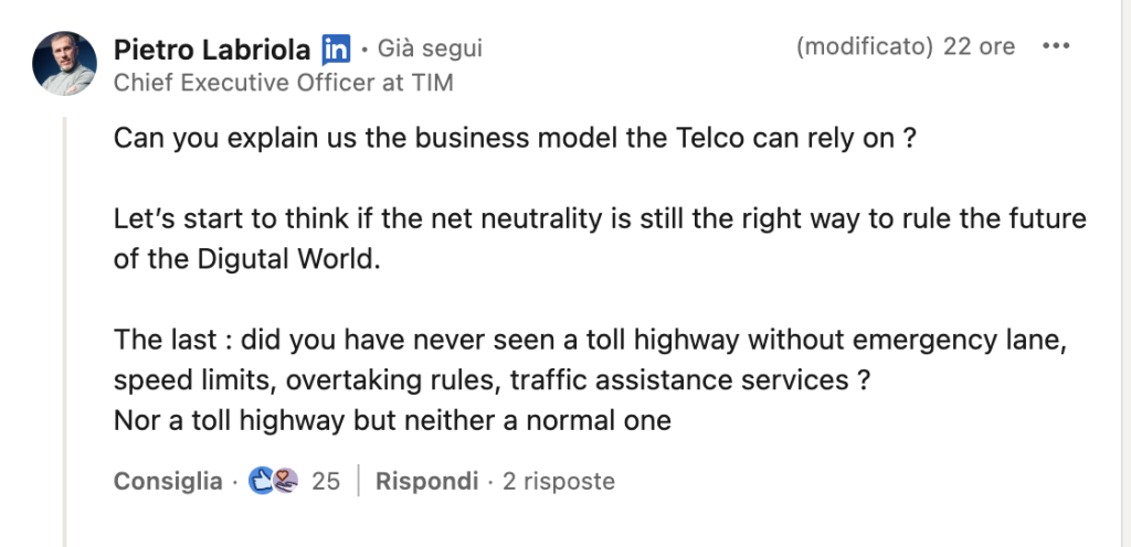 Commento di Pietro Labriola al post di David Abecassis sulla regolamentazione delle CDN