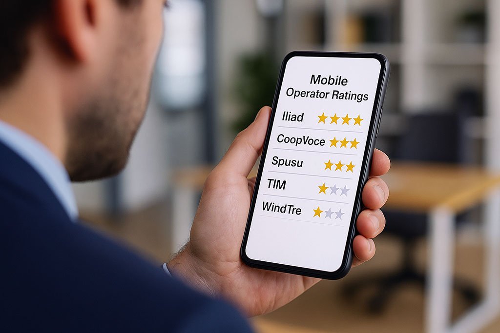 Uomo in ufficio guarda sullo smartphone la classifica Altroconsumo degli operatori di telefonia mobile: Iliad e gli MVNO con più stelle, TIM e WindTre in fondo.