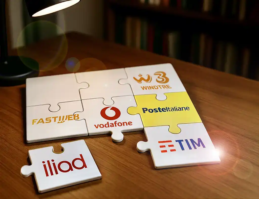 Puzzle telecom con loghi TIM, Iliad, Vodafone, Fastweb, WindTre e Poste Italiane su tavolo in legno