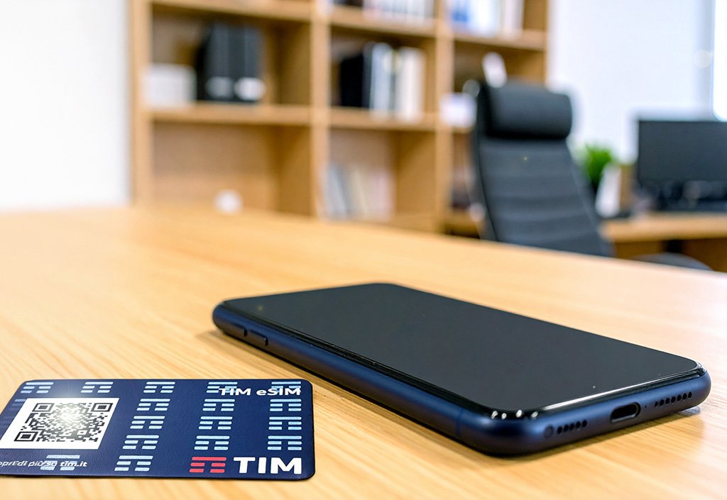 Smartphone appoggiato su una scrivania con eSIM TIM di fianco.