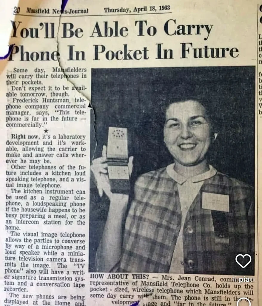 Ritaglio di giornale del 1963 che annuncia il telefono in tasca, un passo nella storia dello smartphone