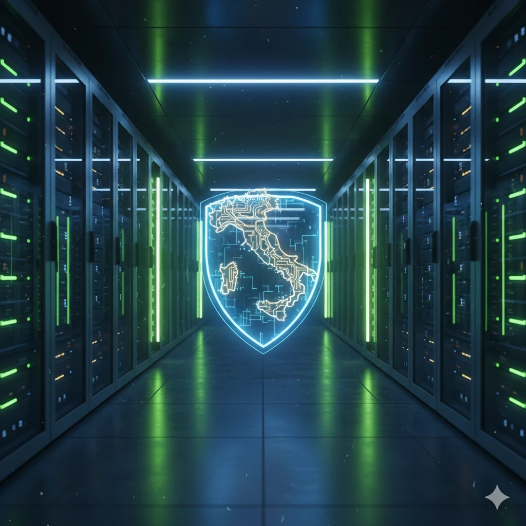 Vista di un data center con sagoma dell’Italia a forma di scudo: simbolo del cloud sovrano e della protezione dei dati.