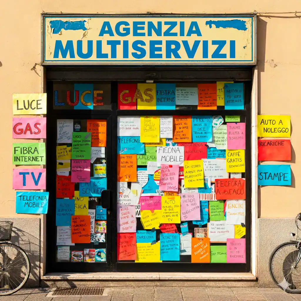Vetrina di un negozio multiservizi con cartelli colorati per luce, gas, fibra internet, telefonia, TV, auto a noleggio e altri servizi