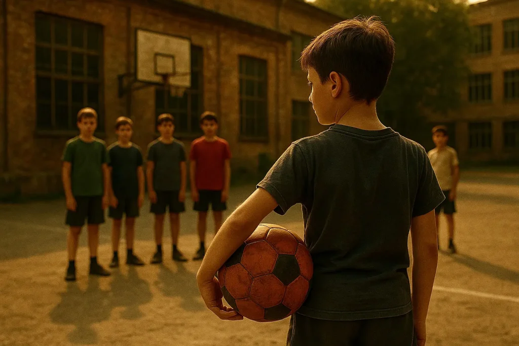 Un bambino con un vecchio pallone da calcio arancione sotto il braccio osservato da altri ragazzi in un campetto polveroso al tramonto, metafora del ruolo di Poste come primo azionista di TIM.
