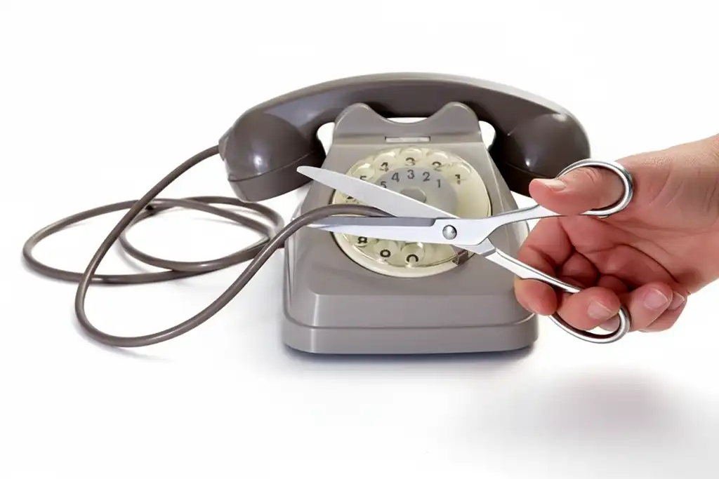 Telefono fisso grigio aziendale con cavo tagliato, simbolo della perdita del numero aziendale