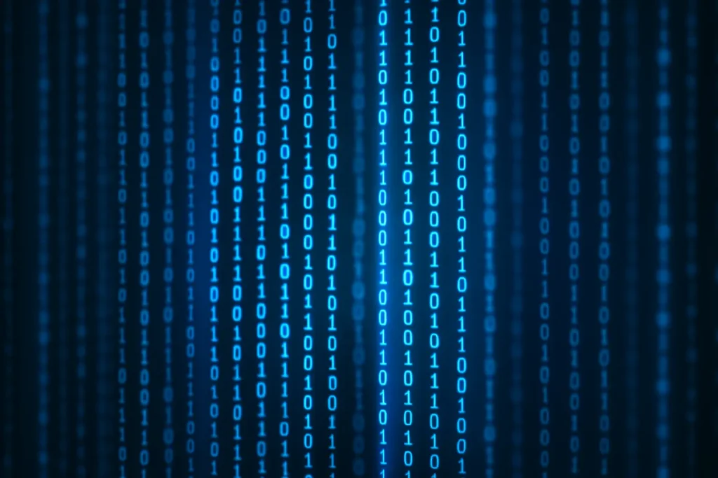 Codice binario blu che scorre in verticale, stile Matrix, concetto di velocità Internet e dati digitali.