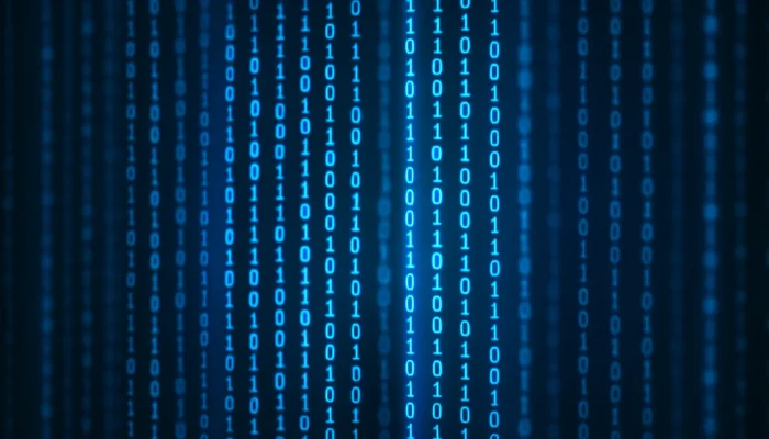 Codice binario blu che scorre in verticale, stile Matrix, concetto di velocità Internet e dati digitali.