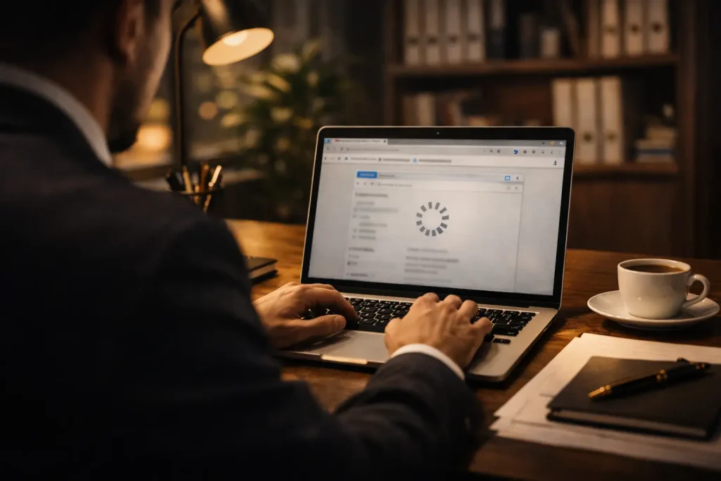 Laptop su scrivania di un imprenditore con browser bloccato in caricamento, simbolo di connessione internet lenta in ufficio