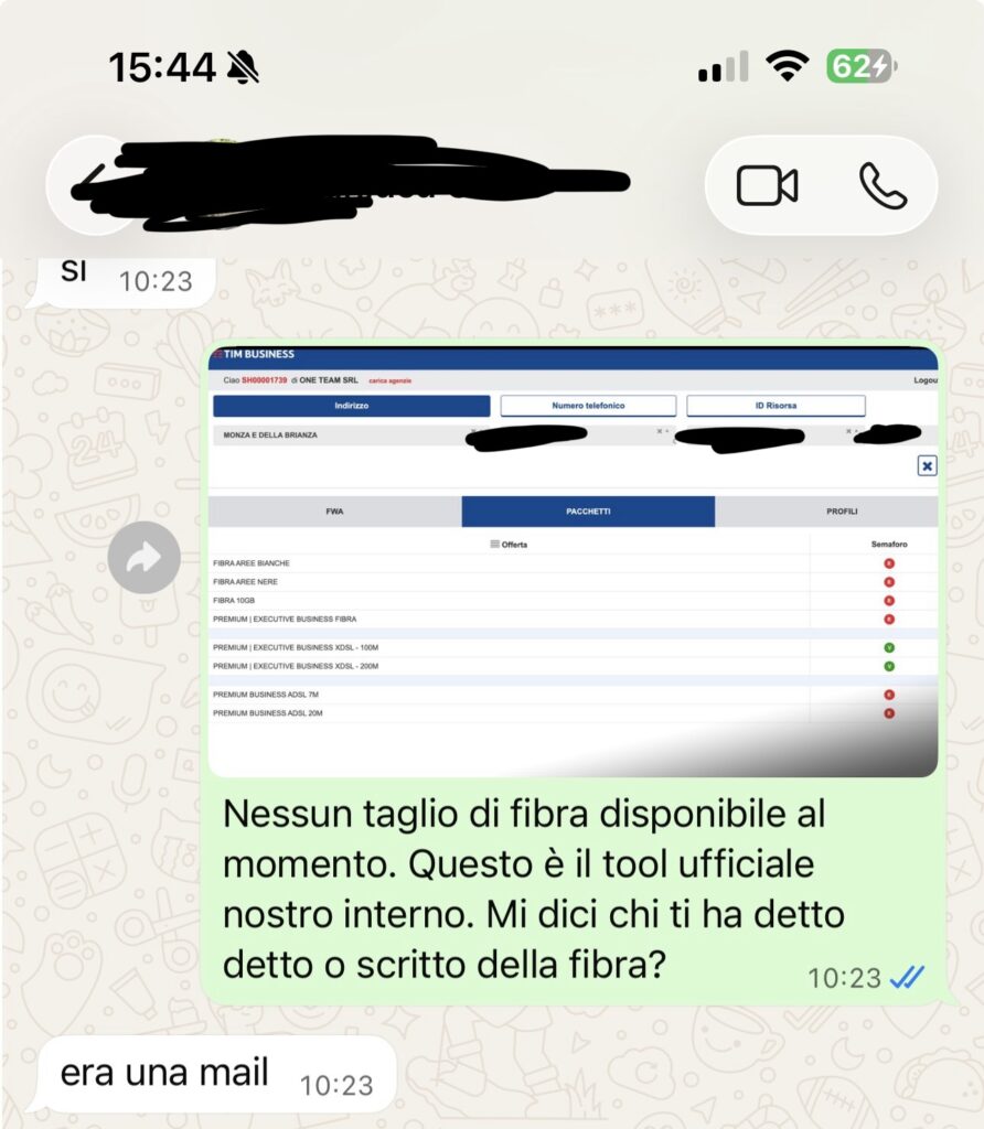 erifica della copertura fibra dopo una mail sospetta ricevuta da un cliente