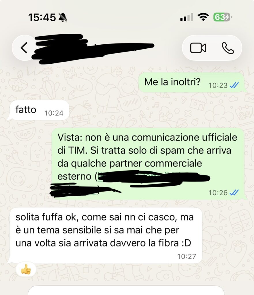 Risposta WhatsApp che chiarisce che la mail sulla fibra non è ufficiale ma spam di un partner