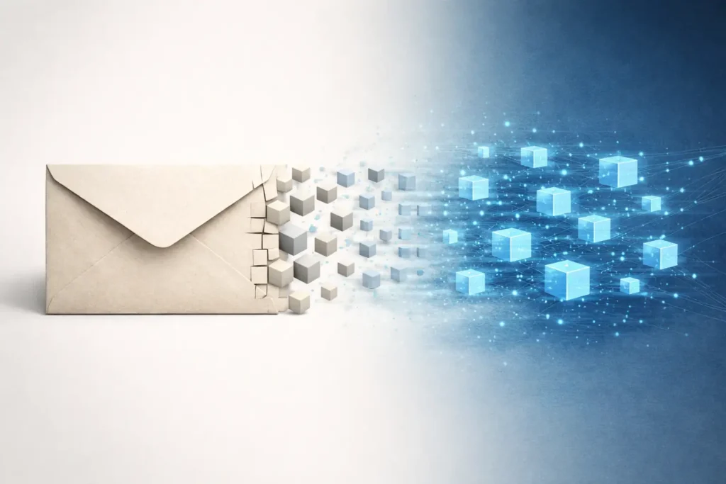 Illustrazione che mostra cos’è il VoIP: una comunicazione tradizionale che si trasforma in dati digitali su rete Internet