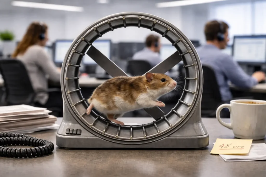 Criceto nella ruota su una scrivania con call center sullo sfondo, metafora del Customer Care operatori