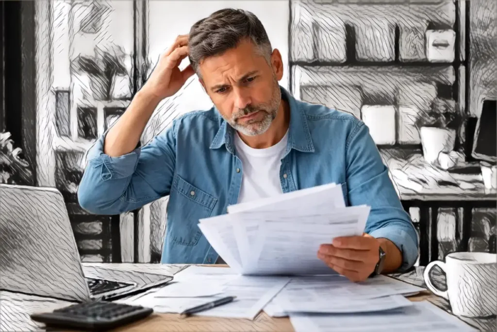 Imprenditore confuso mentre controlla documenti e fatture a causa di una segnalazione SIMOITEL