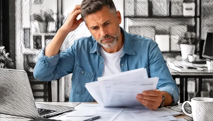 Imprenditore confuso mentre controlla documenti e fatture a causa di una segnalazione SIMOITEL