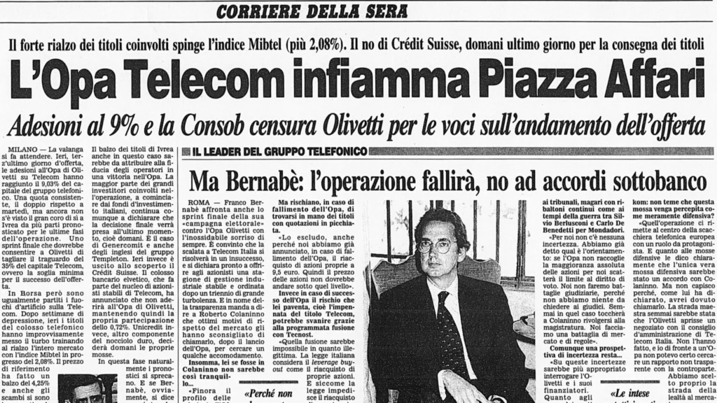 Prima pagina del Corriere della Sera sull’OPA Olivetti su Telecom Italia nel 1999