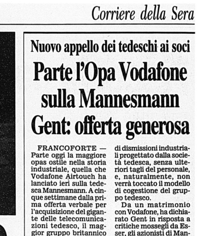 Articolo del Corriere della Sera sull’OPA Vodafone AirTouch su Mannesmann nel 1999