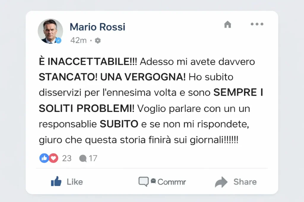 Reclamo fake sui social contro un operatore telefonico, esempio di sfogo online inefficace
