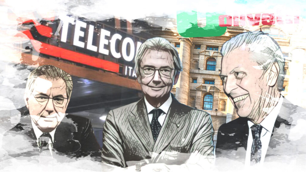 Collage fotografico sulla scalata a Telecom Italia del 1999 con manager, logo Telecom, Olivetti e Borsa Italiana