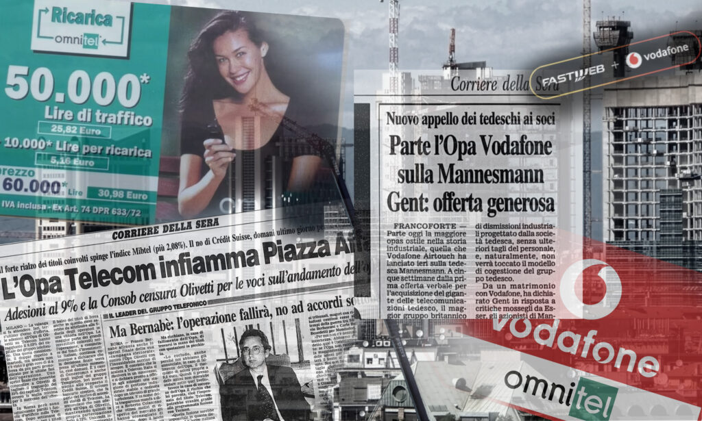 Arrivo di Vodafone in Italia e nascita della telefonia moderna attraverso Omnitel, con articoli del Corriere della Sera e sfondo urbano di Milano