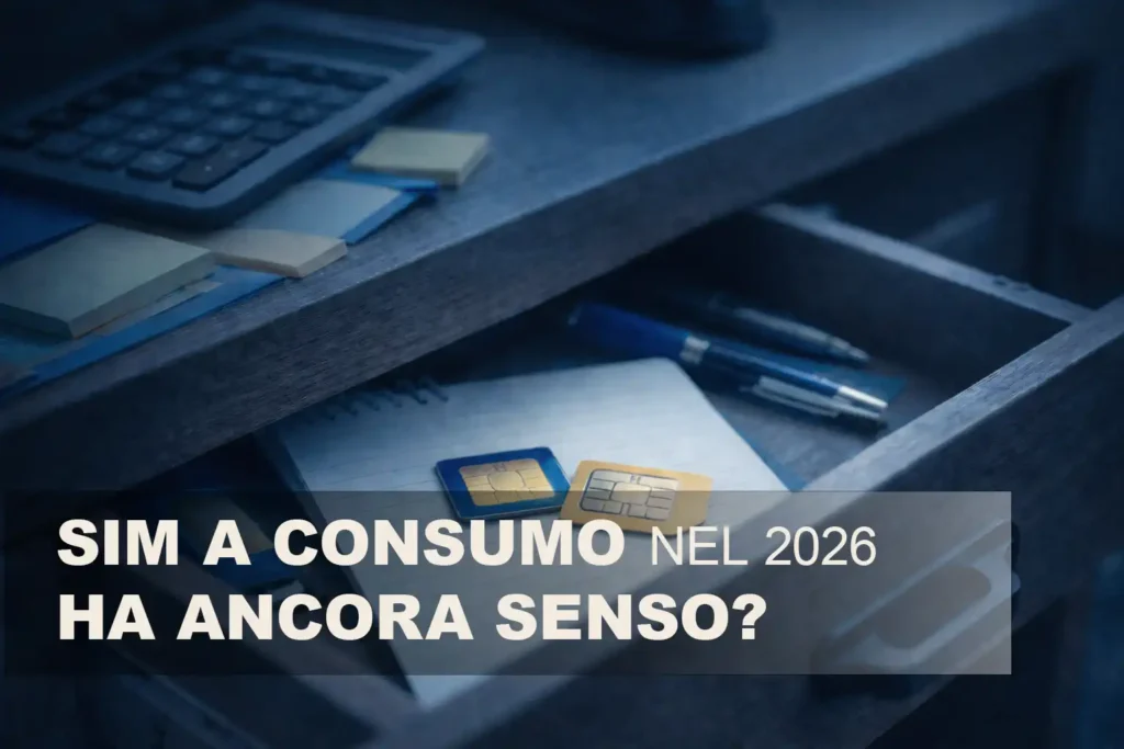 SIM a consumo nel 2026 rappresentate in un cassetto da ufficio con scritta "Ha ancora senso?" su sfondo blu cinematografico