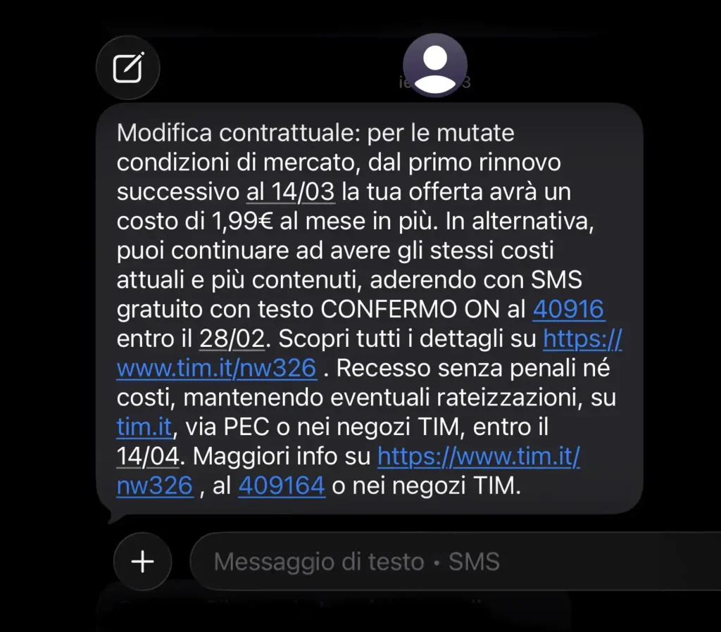 SMS di modifica unilaterale contratto TIM con aumento di 1,99 euro e richiesta di invio “CONFERMO ON”
