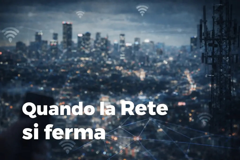 città di notte con rete di telecomunicazioni e antenne che rappresentano un'interruzione della connettività