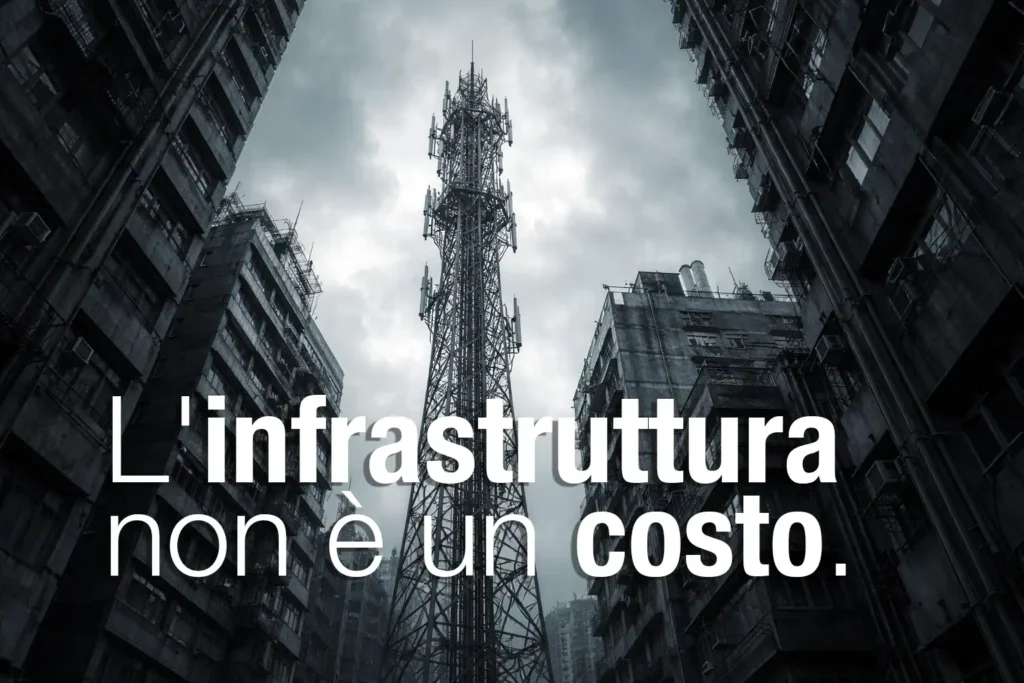 Torre di telecomunicazioni tra i palazzi di una città, simbolo dell'infrastruttura telefonica aziendale