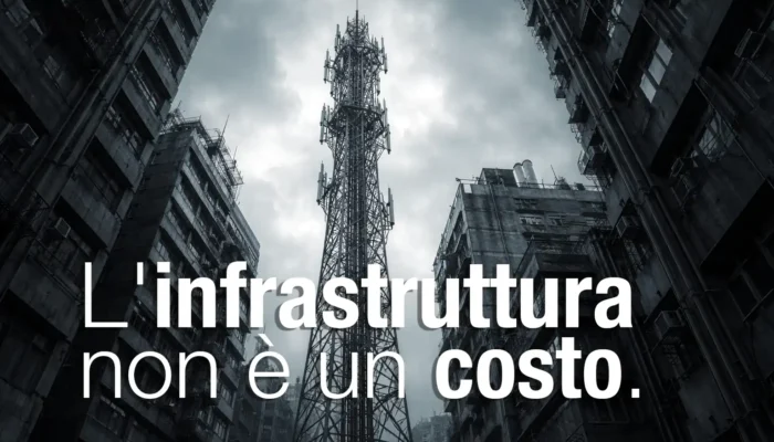 Torre di telecomunicazioni tra i palazzi di una città, simbolo dell'infrastruttura telefonica aziendale