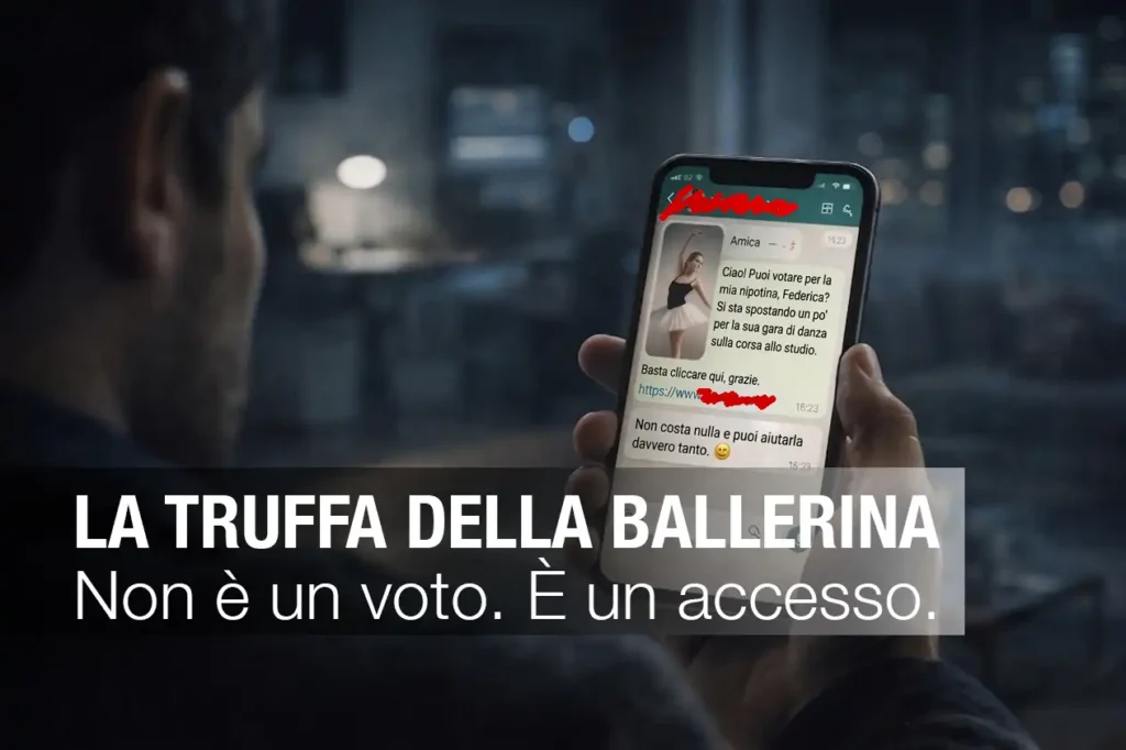 Smartphone con messaggio della truffa WhatsApp della ballerina che invita a votare e nasconde un accesso all’account con rischio grave per sicurezza informatica PMI