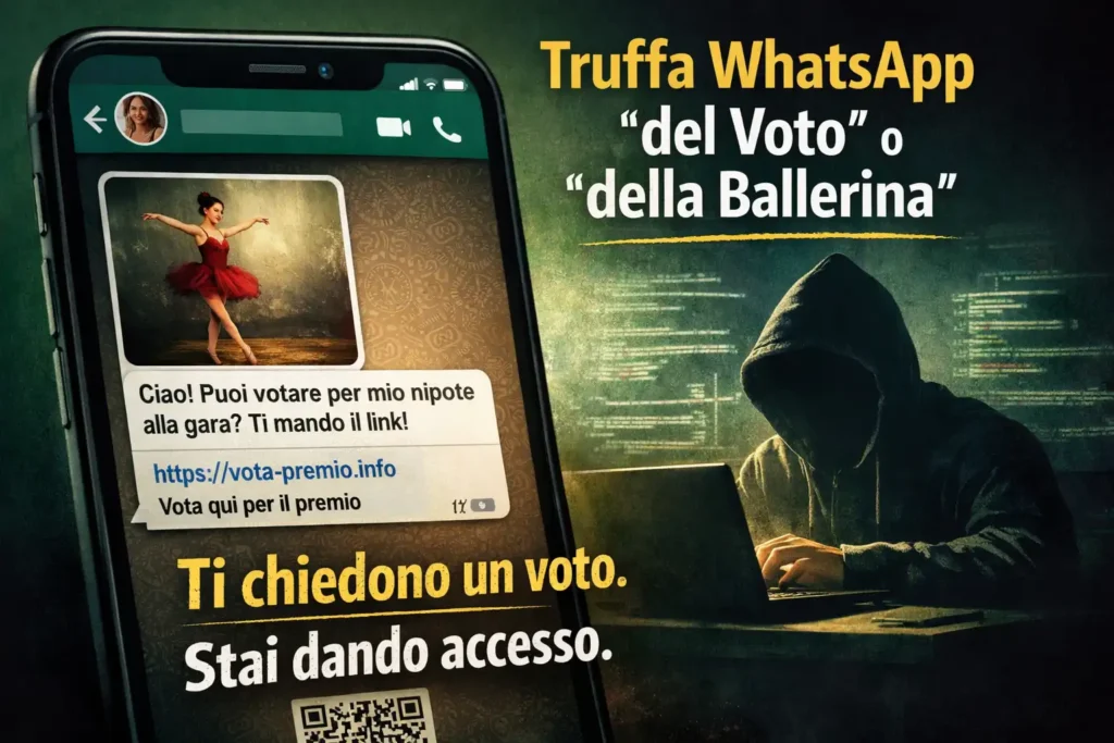 Esempio di truffa WhatsApp del voto o ballerina che induce a concedere accesso tramite link o QR code