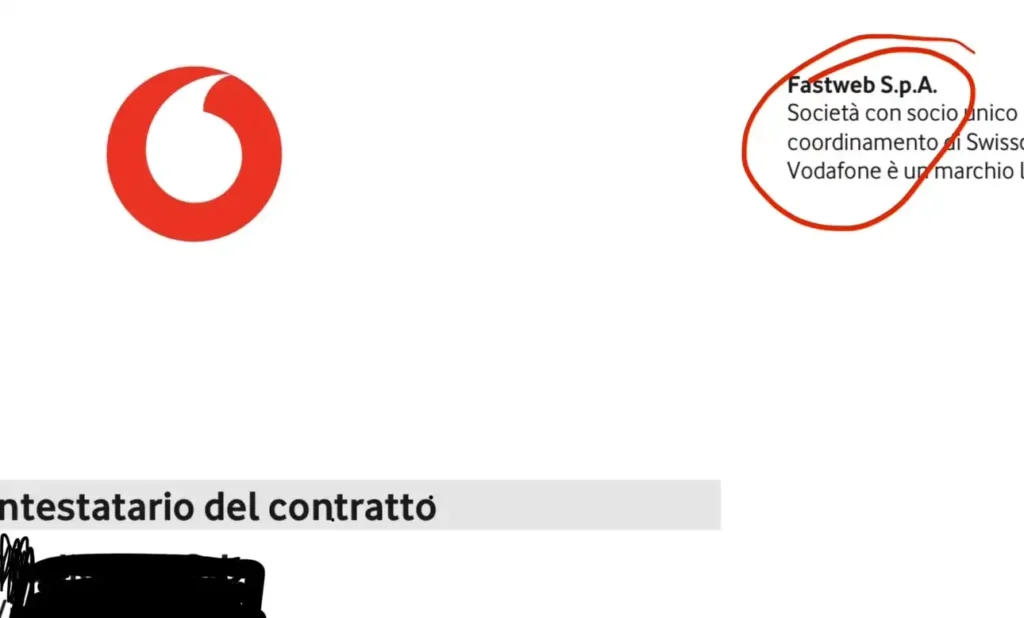 Fattura Vodafone Business con intestazione Fastweb S.p.A. dopo fusione operatori telefonia aziendale