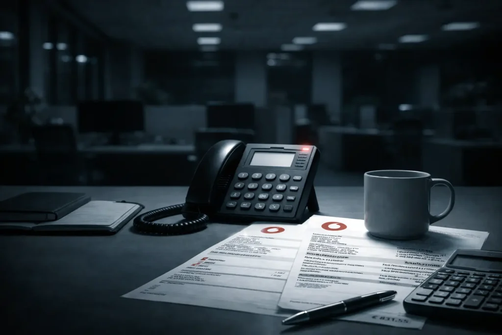 Telefono fisso aziendale con spia rossa accesa su una scrivania di notte, con fattura Vodafone sotto una tazza, simbolo di linea attiva ma non funzionante