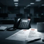 Telefono fisso aziendale con spia rossa accesa su una scrivania di notte, con fattura Vodafone sotto una tazza, a simboleggiare servizi fantasma in fattura telefonia