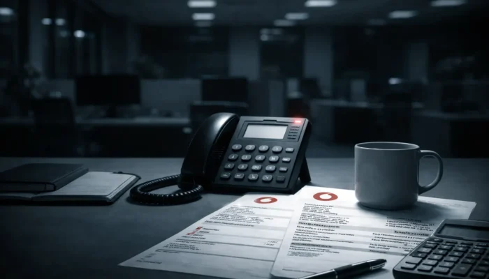 Telefono fisso aziendale con spia rossa accesa su una scrivania di notte, con fattura Vodafone sotto una tazza, a simboleggiare servizi fantasma in fattura telefonia