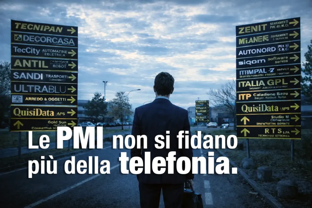 Agente di commercio telco osserva cartelli aziende area industriale scelta telefonia pmi