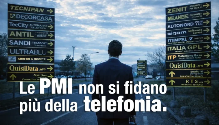 Agente di commercio telco osserva cartelli aziende area industriale scelta telefonia pmi