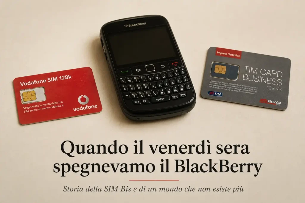 Vecchie SIM Vodafone e TIM accanto a un BlackBerry, simboli della telefonia mobile aziendale dei primi anni Duemila.